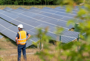 un homme au milieu d'un parc de panneaux photovoltaïques